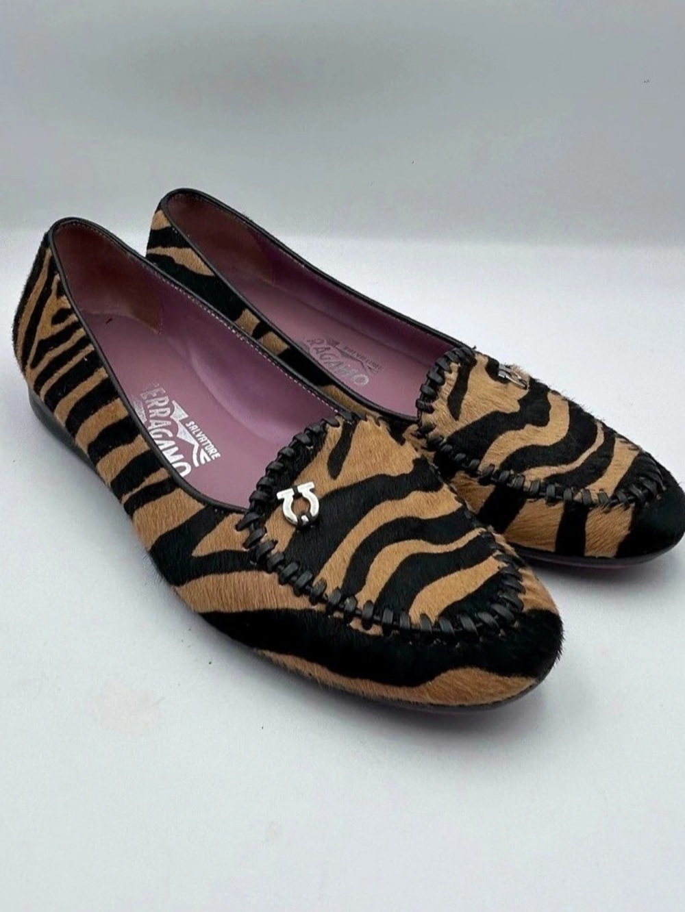 Salvatore Ferragamo Zebra Print Calf Hair Gancini Moccasin Flats US 6.5